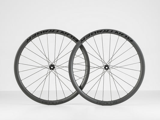 Bontrager Aeolus Pro 37 Wheels both rear and front with a white background