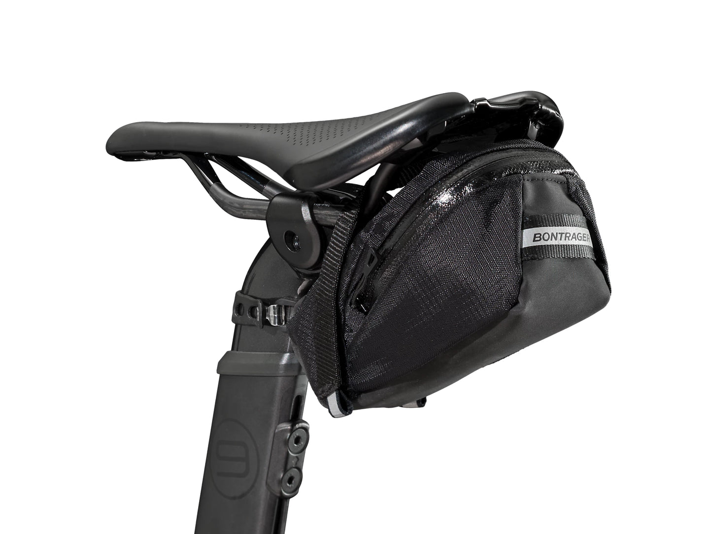 Bontrager Elite XL Seatpack on back of bike seat on white background