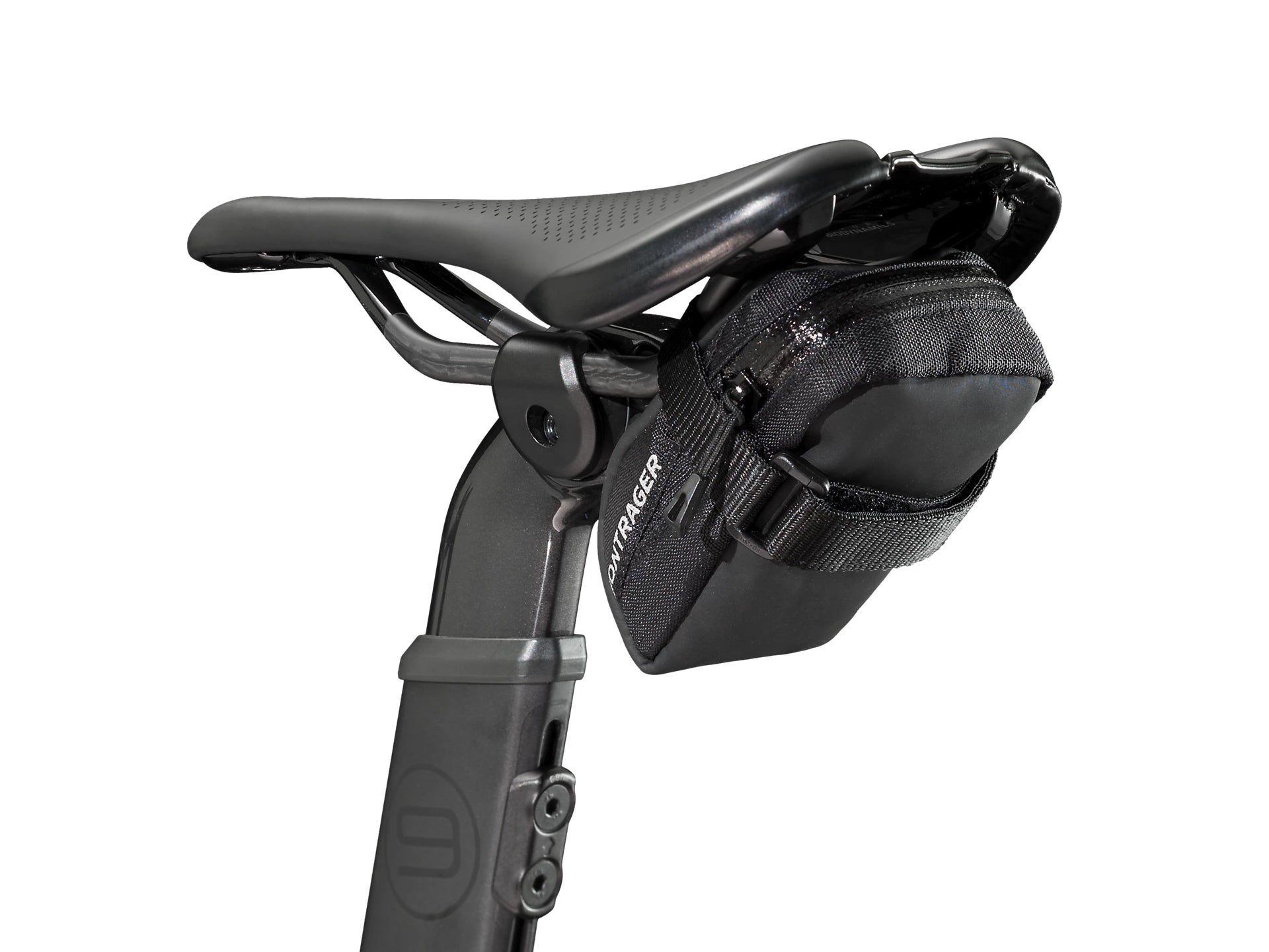 Bontrager Elite Micro Seatpack on back of bike seat on white background