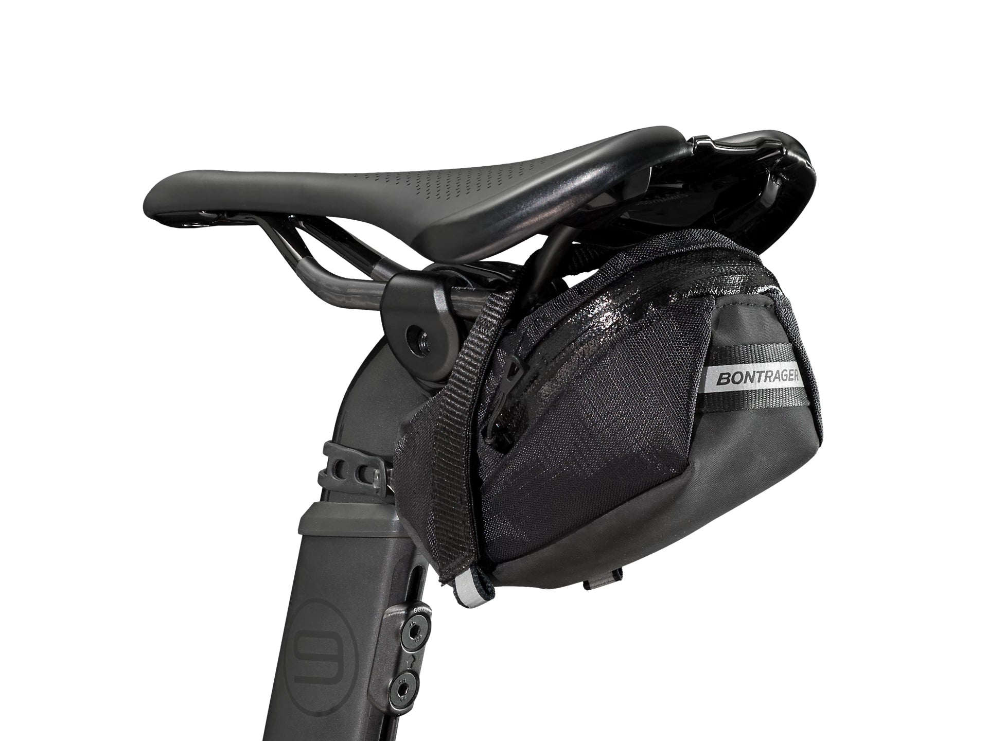 Bontrager Elite Small Seatpack on back of bike seat on white background