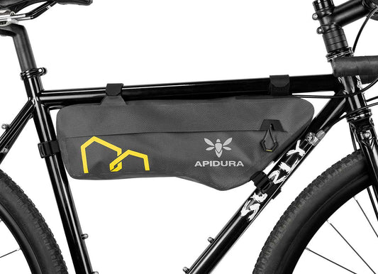 Apidura Half Frame Expedition Bag on middle bike bar underneath