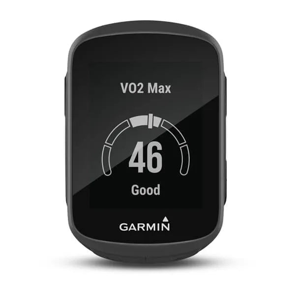 Garmin Edge 130 Plus from the front showing the VO2 max on a white background